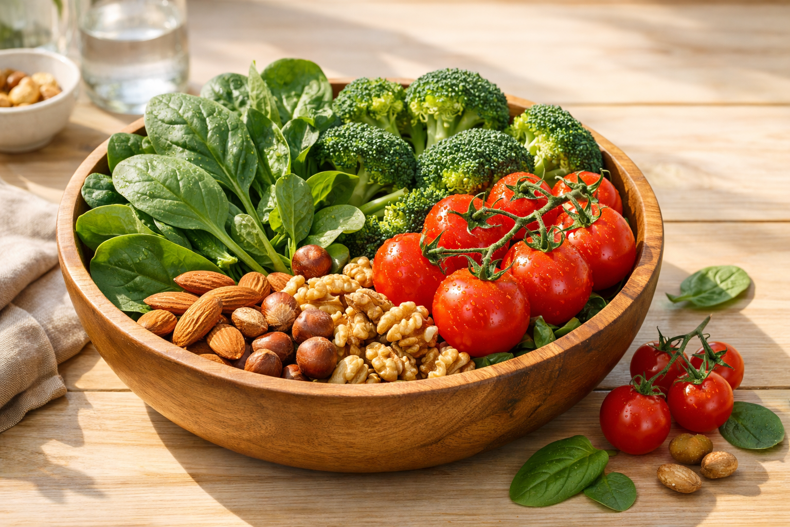 Bowl of fresh vegetables including spinach, tomatoes, broccoli and nuts on a light wooden table with natural morning light, healthy eating concept
