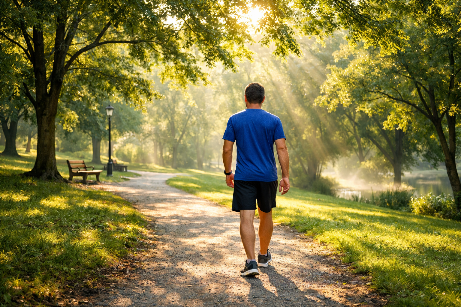 Man walking in a peaceful park with green trees and morning sunlight, outdoor exercise and wellness lifestyle